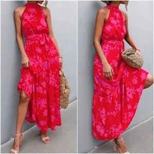 Boho Red Floral Print Halter Maxi Dress Cottagecore